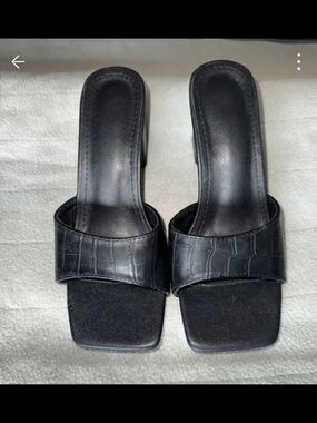 Black Square Toe Chunky Heel Reptile Embossed Sandals Slip On Womens Size 5.5(36